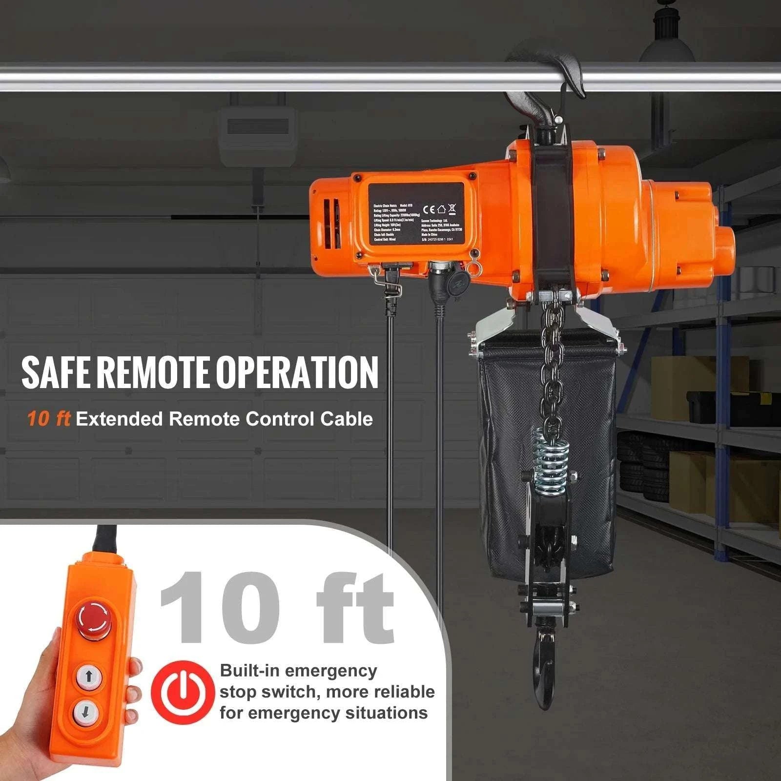 2200 lbs Electric Chain Hoist with 10 ft Lift & Wired Remote-2200lbs / GERMANY