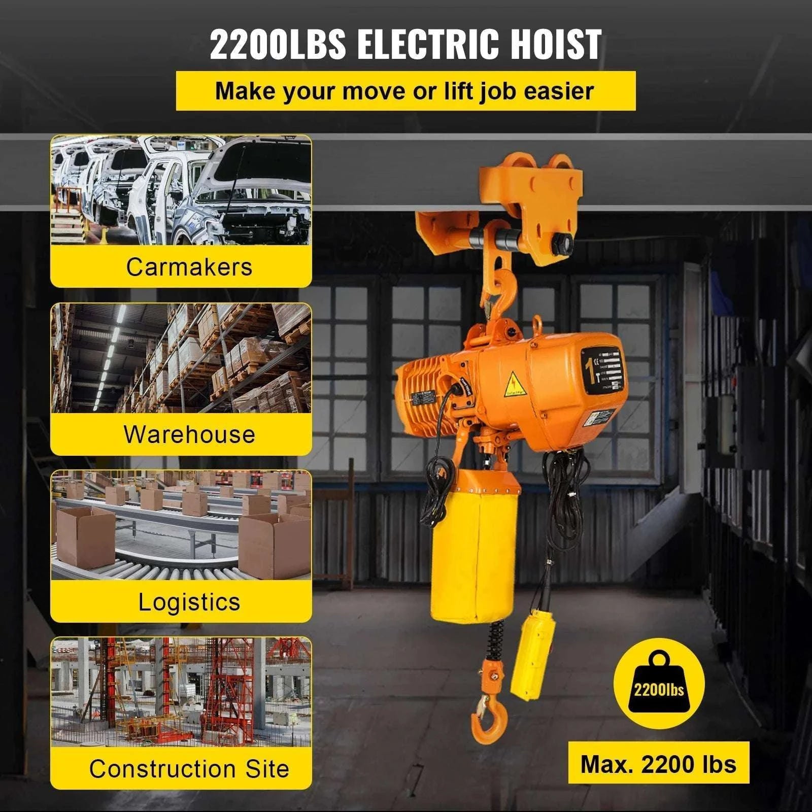 2200 lbs Electric Chain Hoist with Wired Control, 13 ft Lift-2200 lbs / Poland