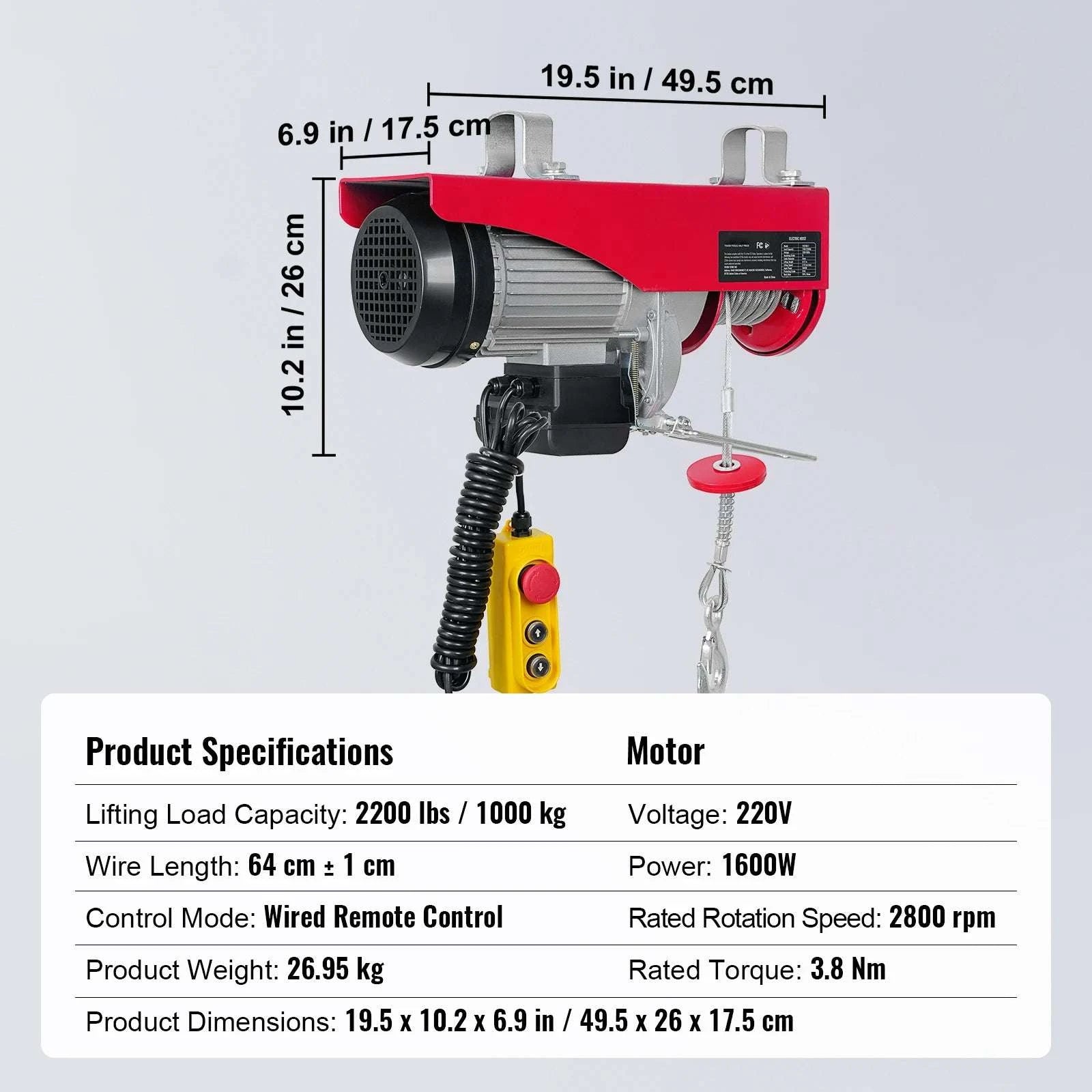2200 lbs Electric Hoist with 40ft Cable & Wired Remote Control-2200 lbs Wired / spain