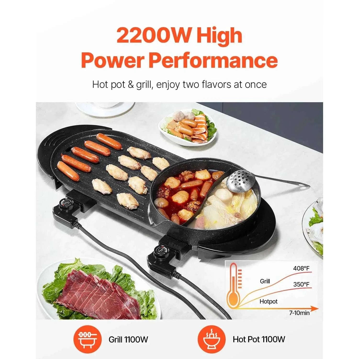 2200W 2-in-1 Electric Hot Pot with Grill for 1-6 People-2200W 2-in-1 / United States