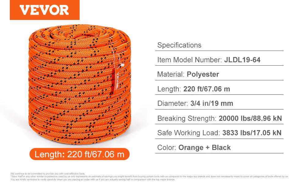 220ft Double-Braided Polyester Rope 48-Strand High Strength Cord-0.5in 8000lbs / United States