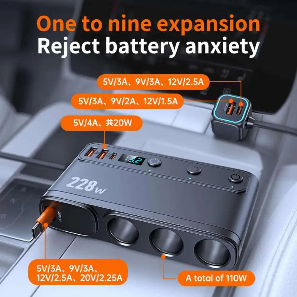 228W 9-in-1 Car Charger Adapter with 3 Sockets-C29 9in1 / China Mainland