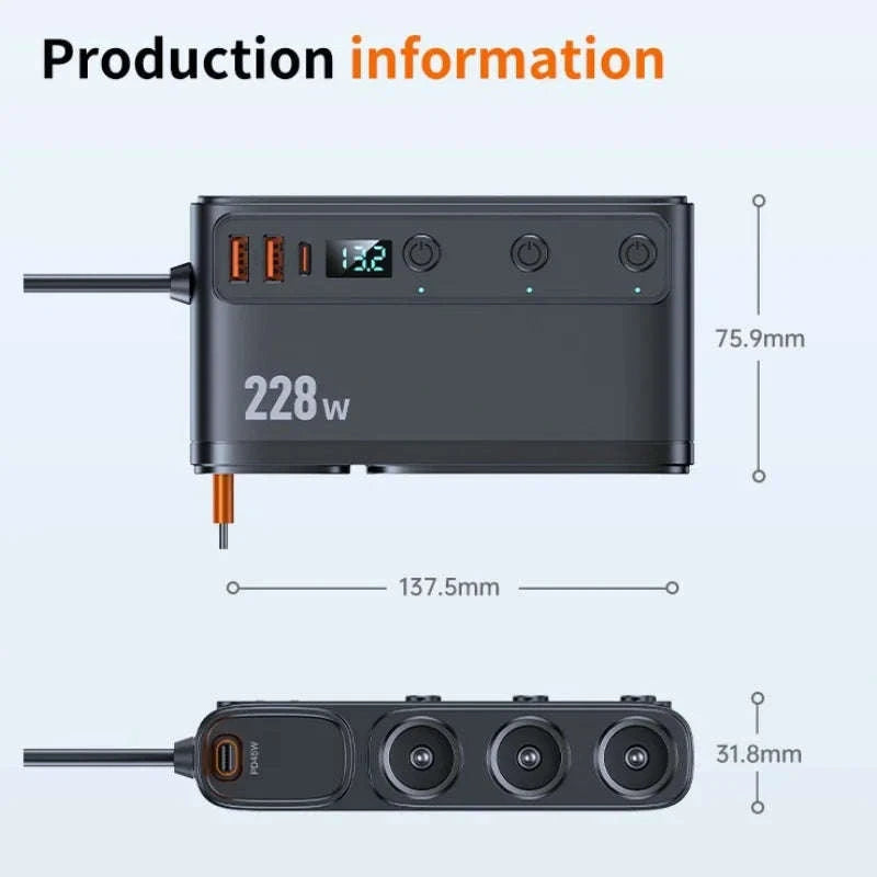 228W 9-in-1 Car Charger Adapter with Independent Switches and Digital Display-120W-A