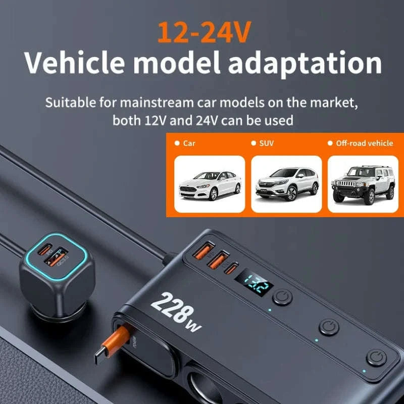 228W 9-in-1 Car Charger Adapter with Independent Switches and Digital Display-120W-A
