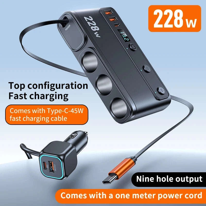 228W 9-in-1 Car Charger Adapter with Independent Switches and Digital Display-120W-A