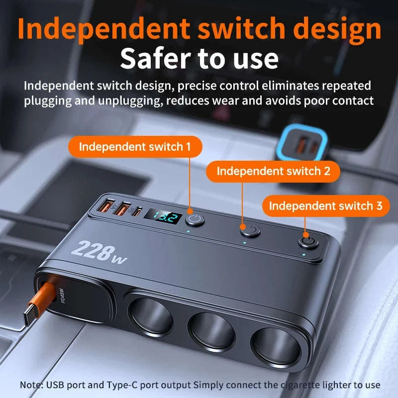 228W 9-in-1 Car Charger Adapter with Independent Switches and Digital Display-120W-A