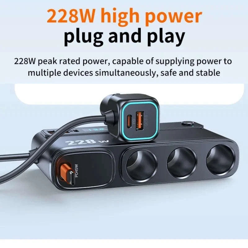 228W 9-in-1 Car Fast Charger Adapter with 3-Socket Splitter-228W