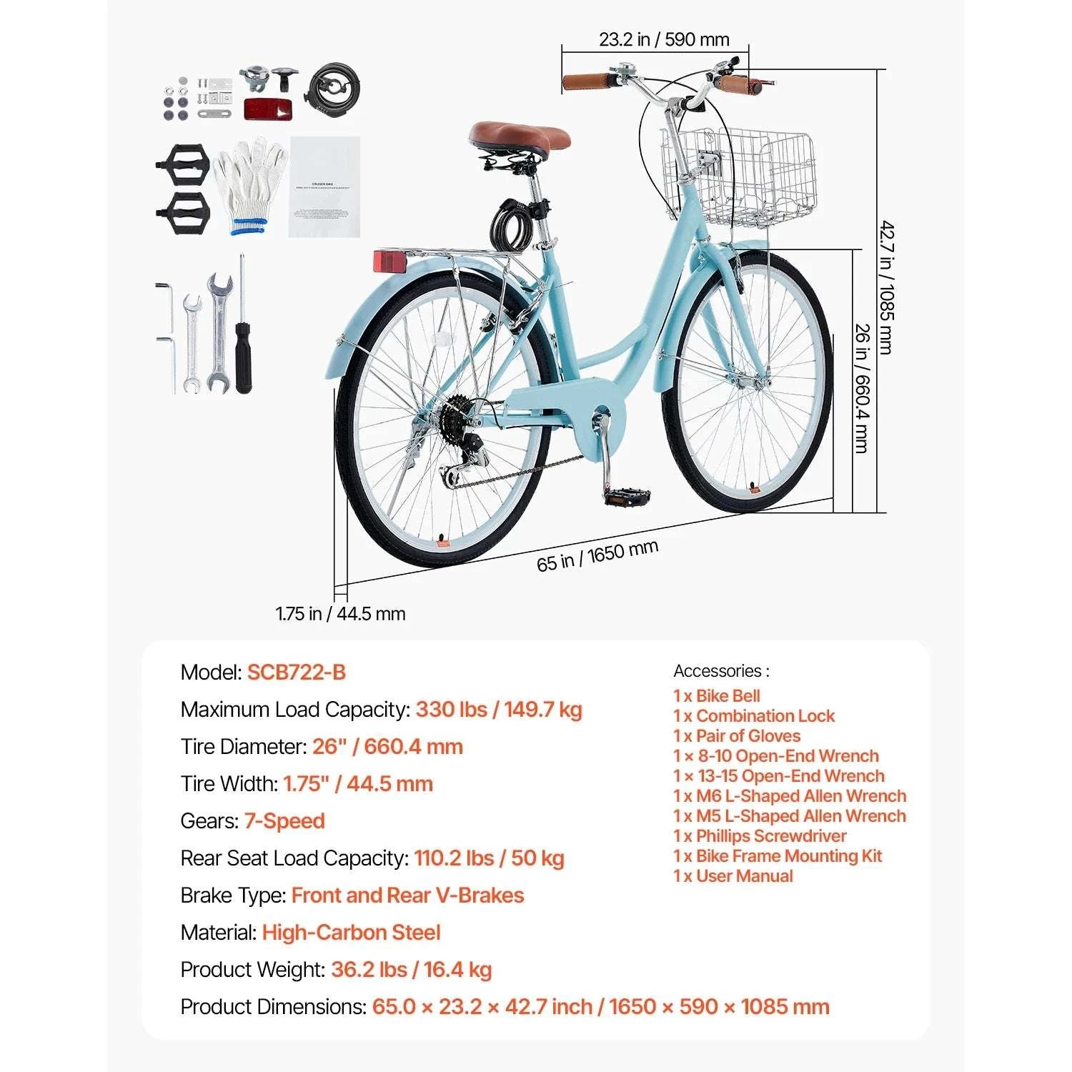 24/26 Inch Cruiser Bike with Basket & Rear Rack, 7-Speed Comfort Ride-26in 7-Speed blue / United States
