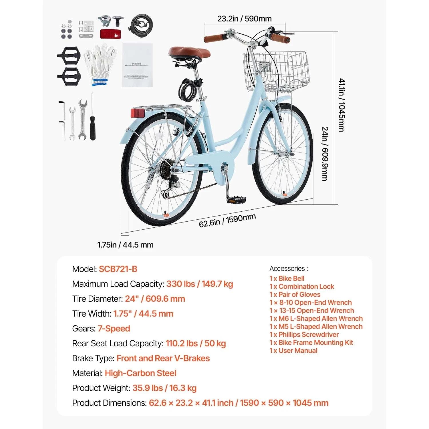 24/26 Inch Cruiser Bike with Basket & Rear Rack, 7-Speed Comfort Ride-26in 7-Speed blue / United States