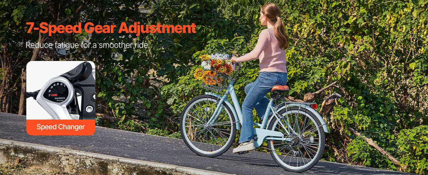 24/26 Inch Cruiser Bike with Basket & Rear Rack, 7-Speed Comfort Ride-26in 7-Speed blue / United States