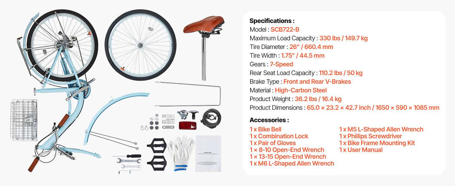 24/26 Inch Cruiser Bike with Basket & Rear Rack, 7-Speed Comfort Ride-26in 7-Speed blue / United States