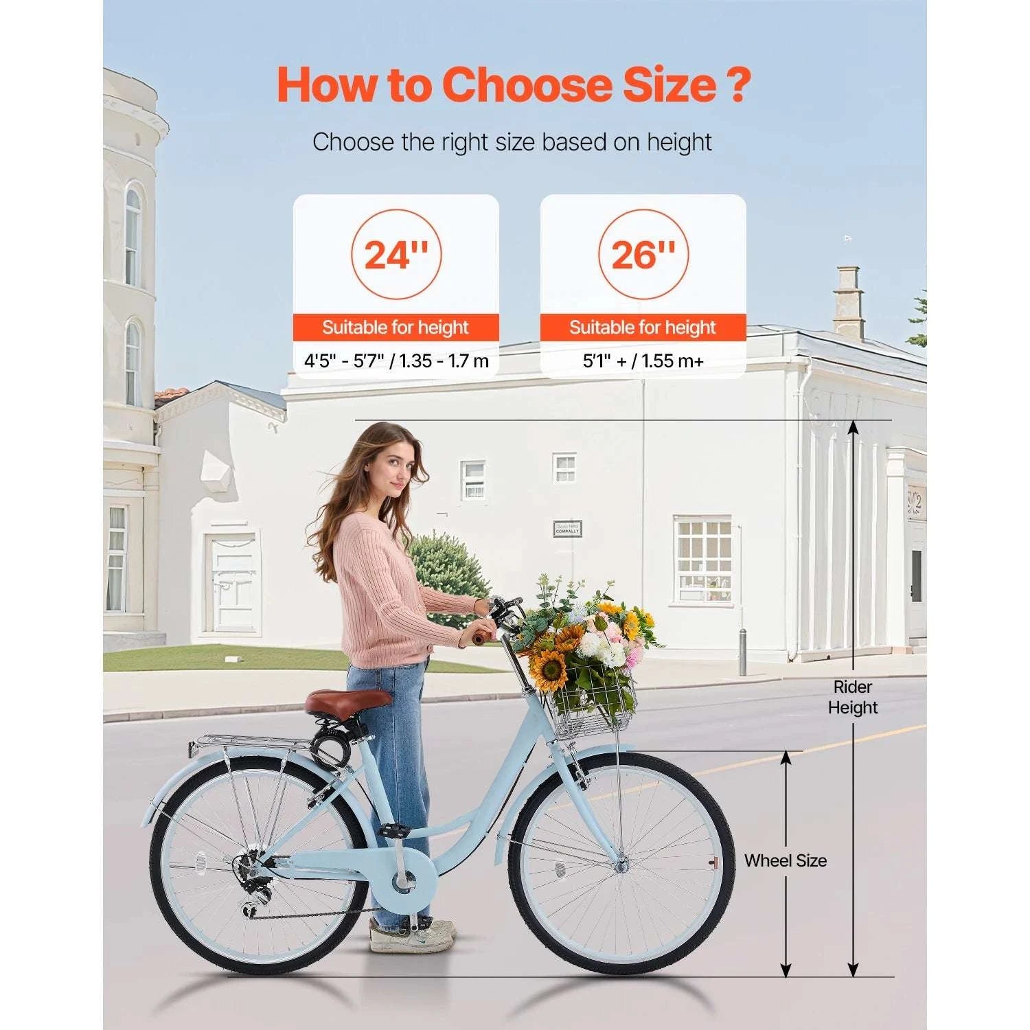 24/26 Inch Cruiser Bike with Basket & Rear Rack, 7-Speed Comfort Ride-
