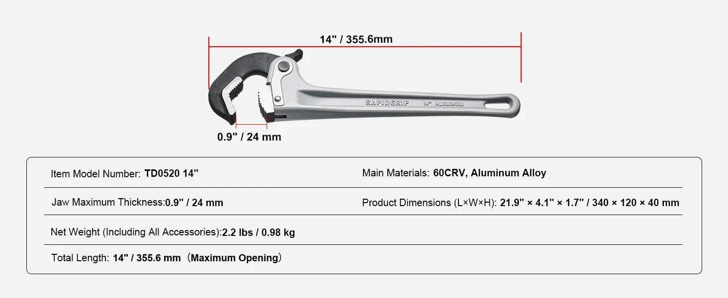 24" Aluminum Pipe Wrench Adjustable 4.1" Jaw Heavy-Duty Grip-10 14 18inch / United States