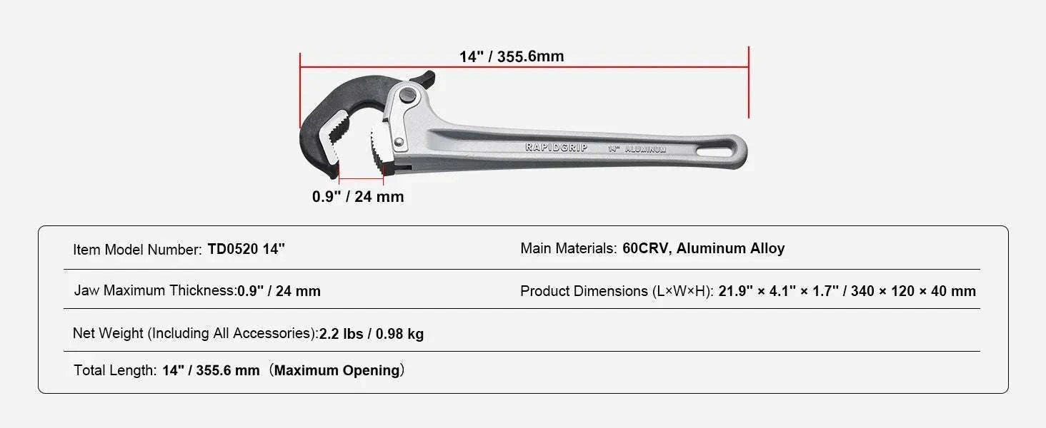 24" Aluminum Pipe Wrench Adjustable 4.1" Jaw Heavy-Duty Grip-10 14 18inch / United States
