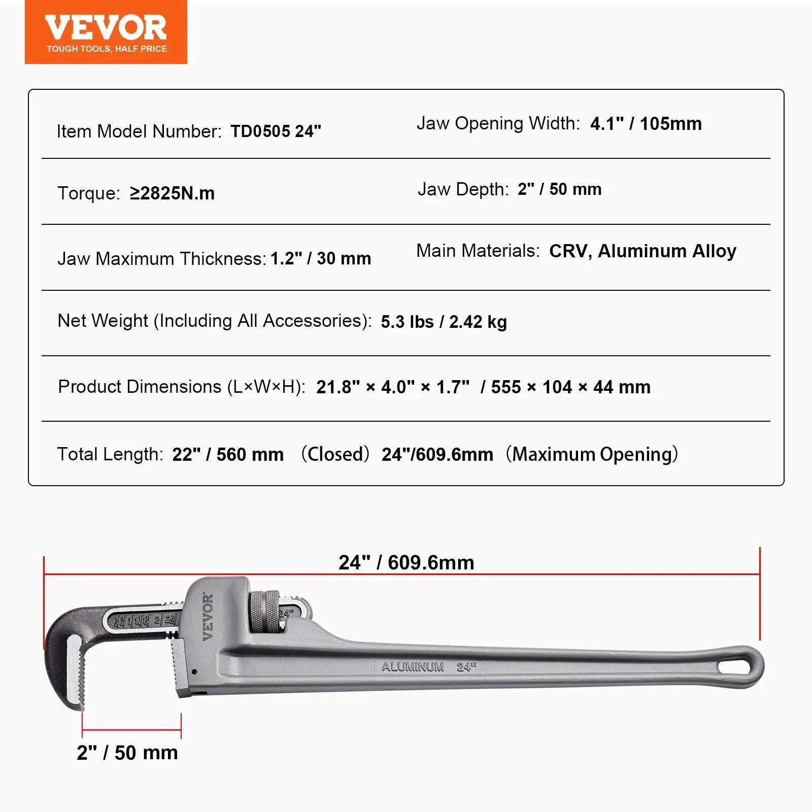 24" Aluminum Pipe Wrench Adjustable 4.1" Jaw Heavy-Duty Grip-10 14 18inch / United States