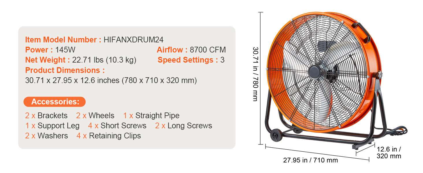 24-Inch High Velocity Drum Fan with 3 Speeds and Timer-30 inches AC / United States