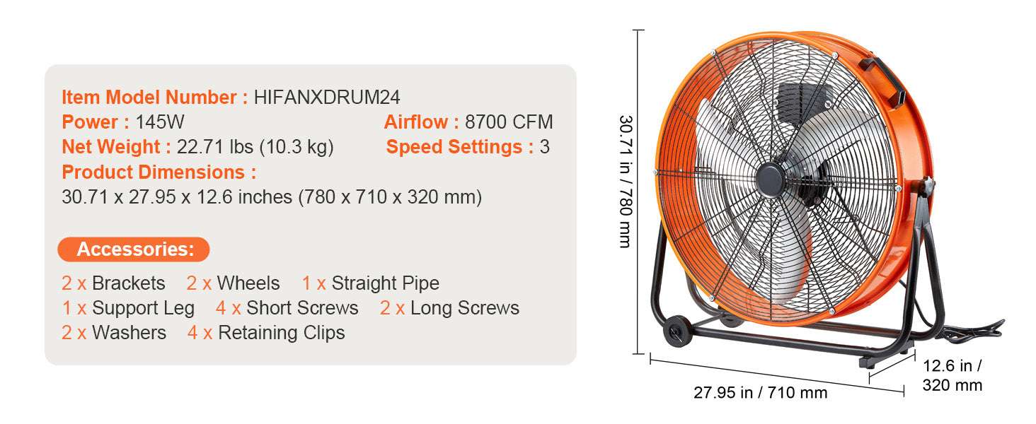 24-Inch High Velocity Drum Fan with 3 Speeds and Timer-30 inches AC / United States