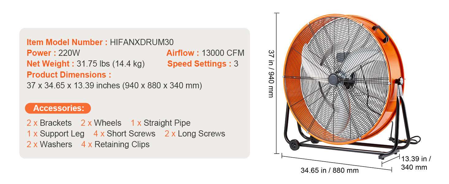 24-Inch High Velocity Drum Fan with 3 Speeds and Timer-30 inches AC / United States