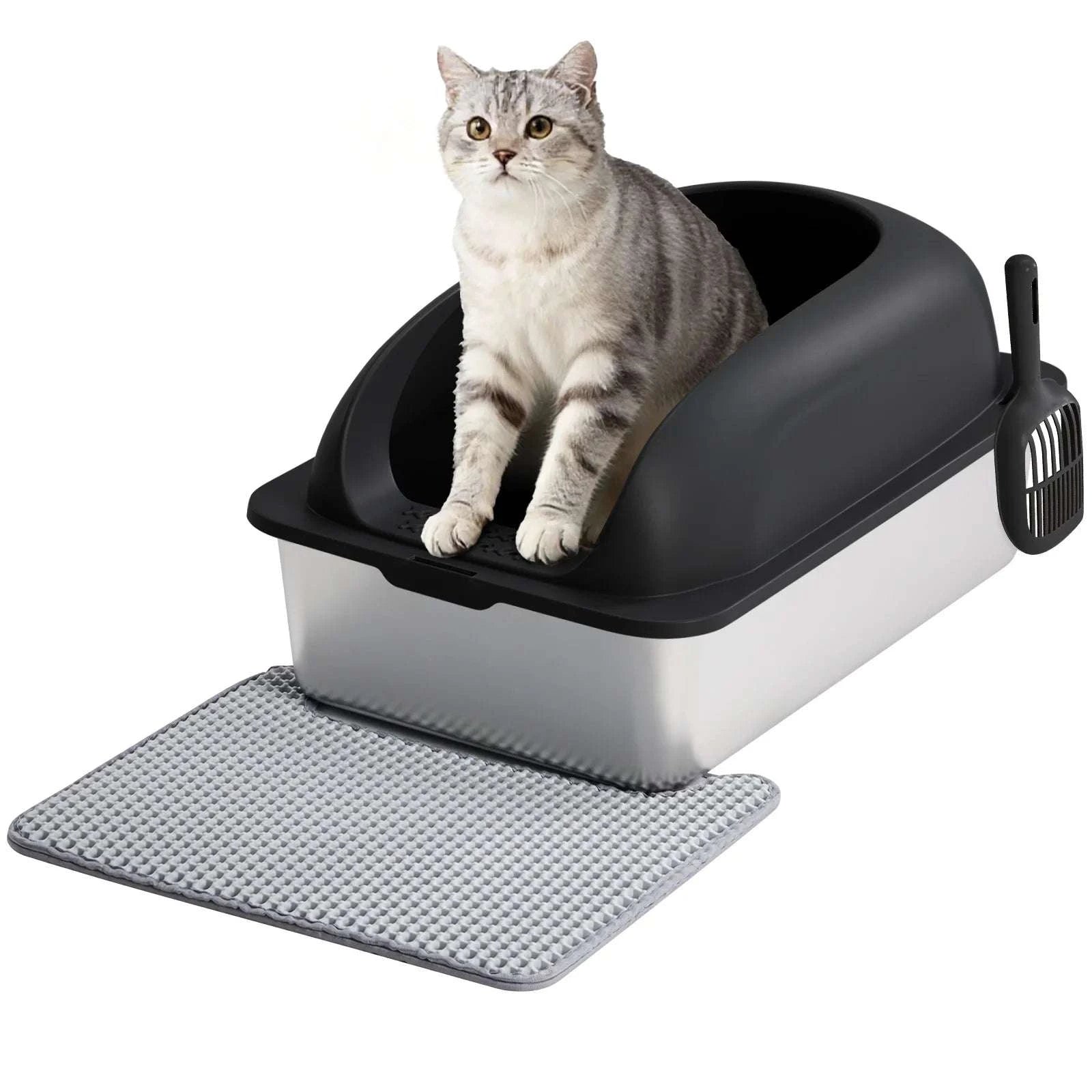 24" Stainless Steel Cat Litter Box with Lid, Scoop & Mat-black / United States