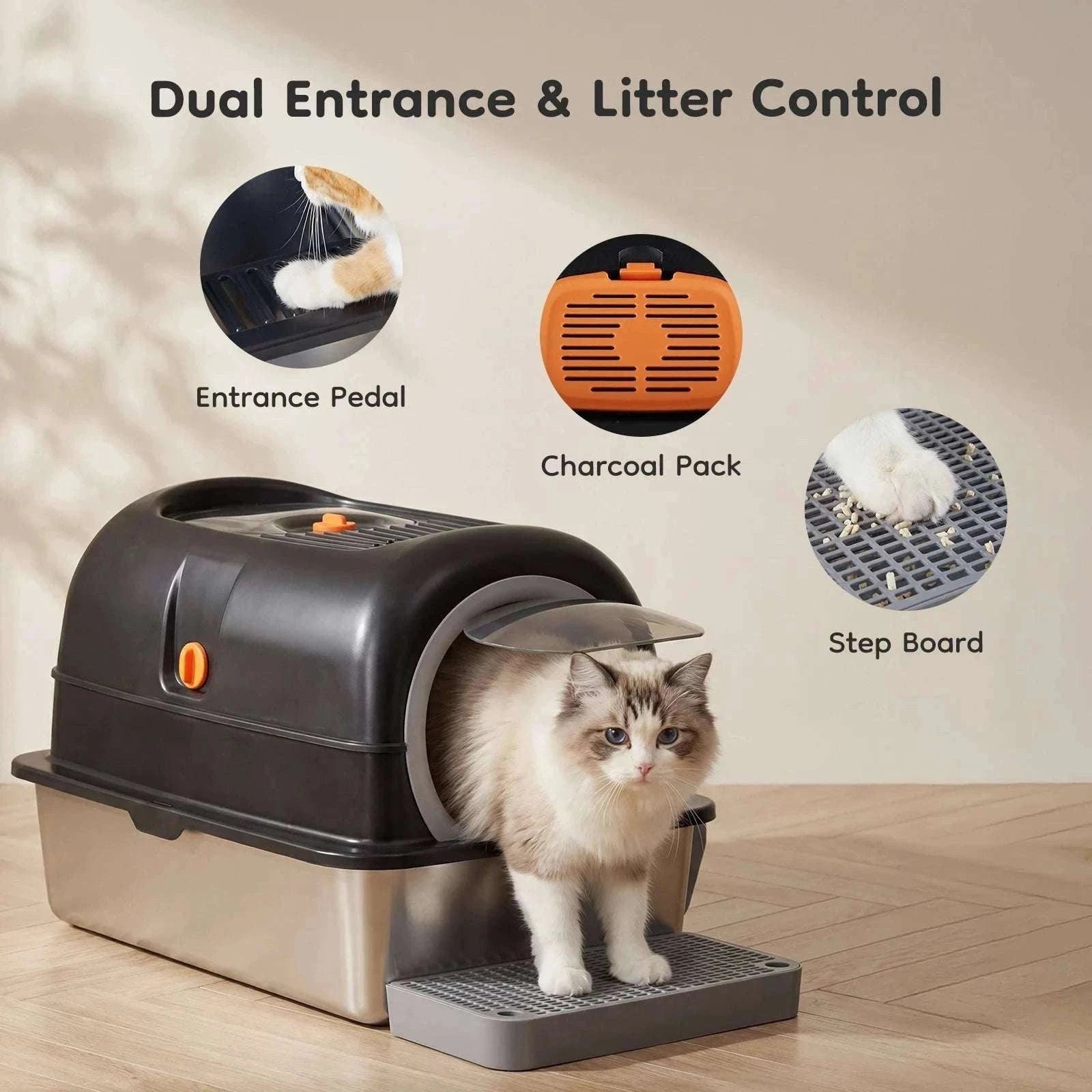 24" Stainless Steel Enclosed Cat Litter Box XL 30L with Scoop-GRAY / United States