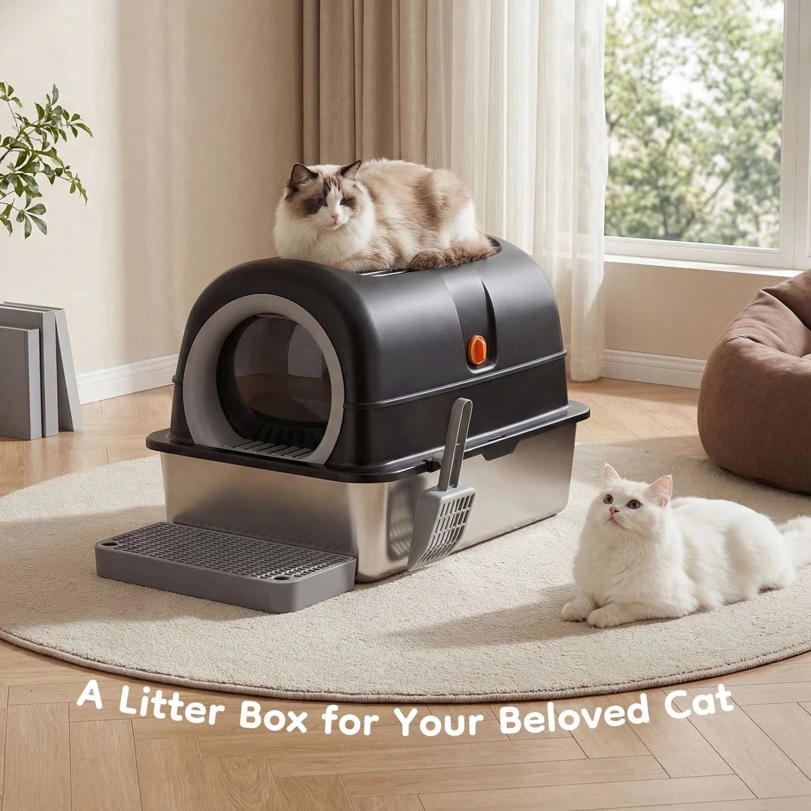 24" Stainless Steel Enclosed Cat Litter Box XL 30L with Scoop-GRAY / United States