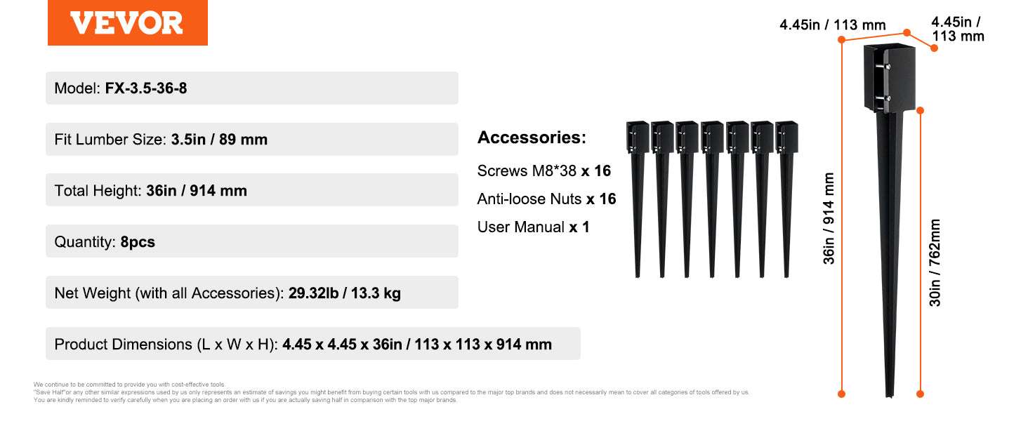 24" Steel Fence Post Anchor Ground Spike 4 Pack for 3.5" Posts-CZECH REPUBLIC / 8pcs36in