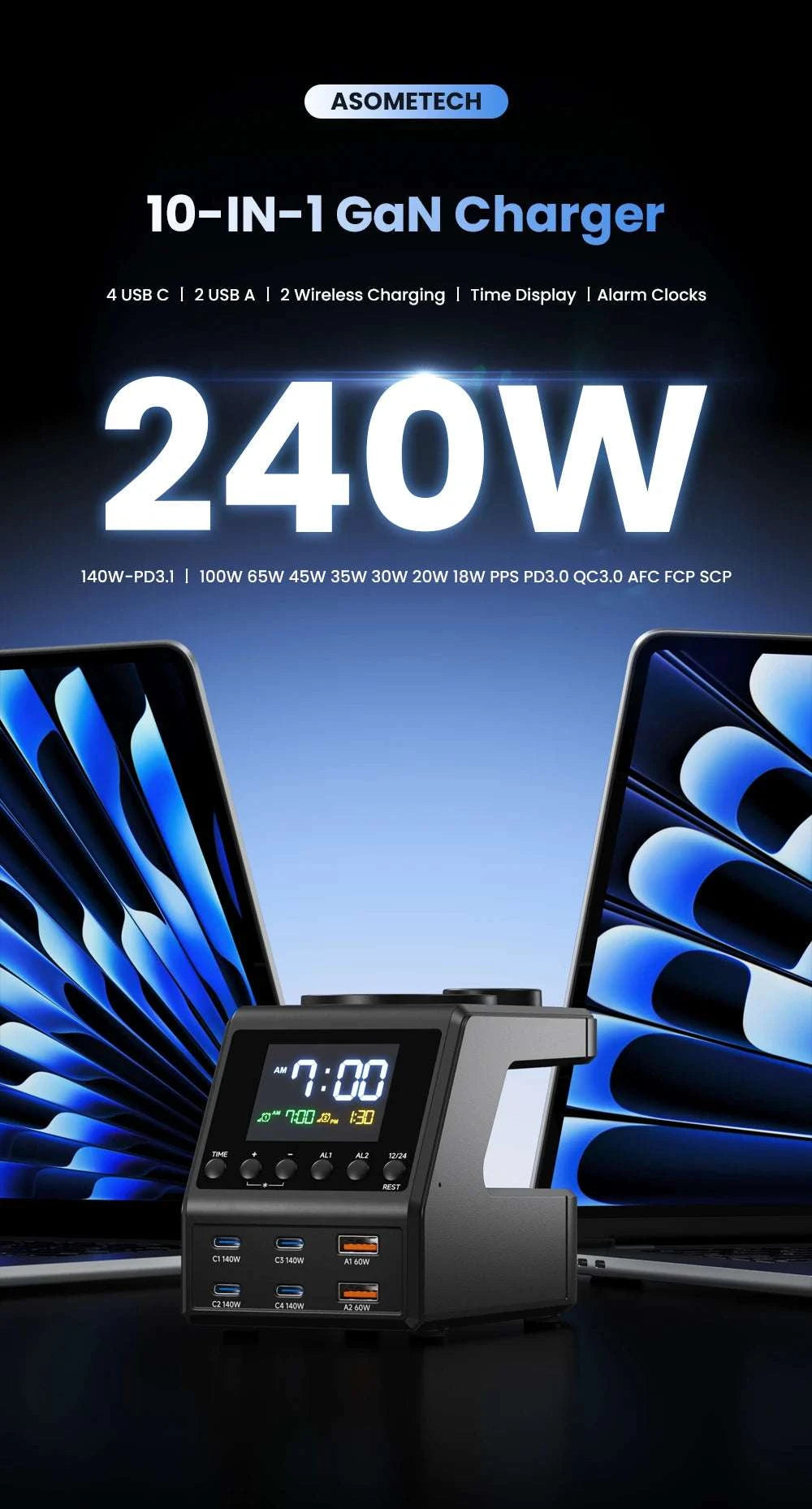 240W GaN Charging Station with 10 Ports, Wireless Pads & Clock-UK Plug