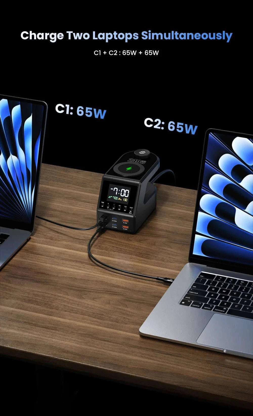 240W GaN Charging Station with 10 Ports, Wireless Pads & Clock-UK Plug