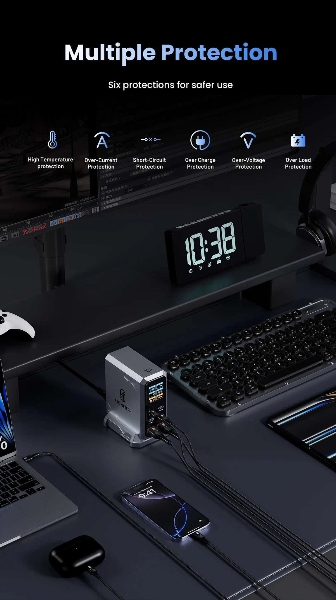 240W GaN Desktop Charger 6-Port USB-C PD3.1 Fast Charging Station-UK Plug