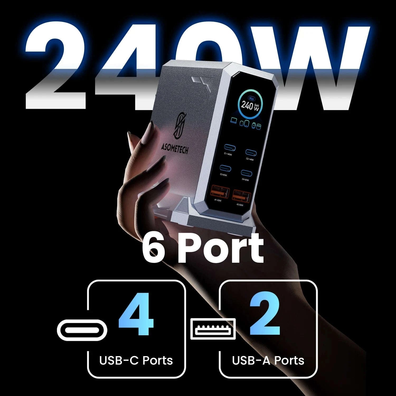 240W GaN Desktop Charger 6-Port USB-C PD3.1 Fast Charging Station-UK Plug