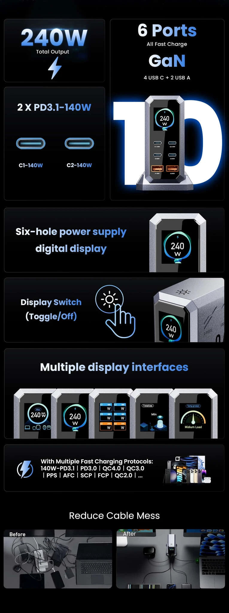 240W GaN Desktop Charger 6-Port USB-C PD3.1 Fast Charging Station-UK Plug