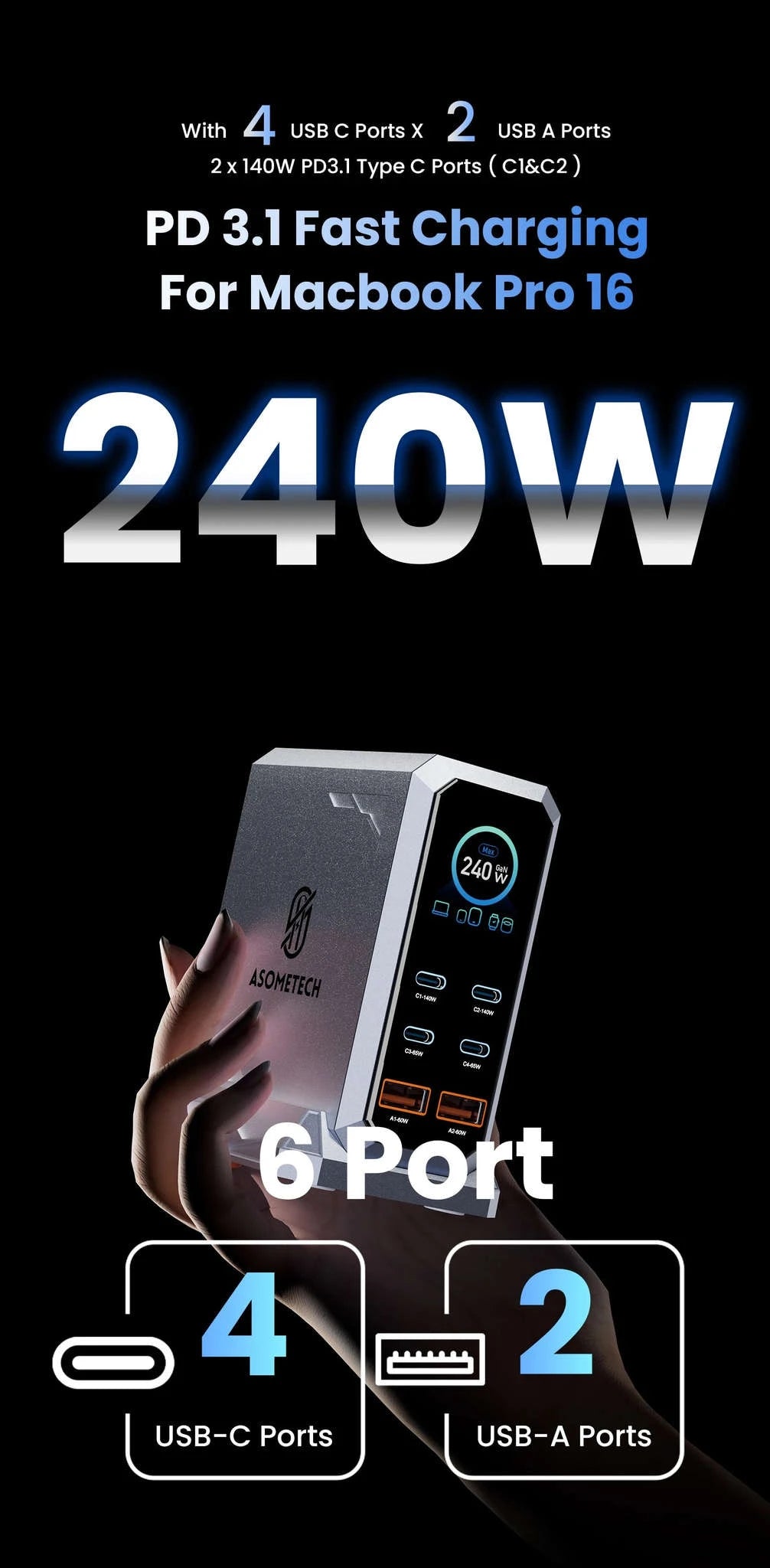 240W GaN Desktop Charger 6-Port USB-C PD3.1 Fast Charging Station-UK Plug