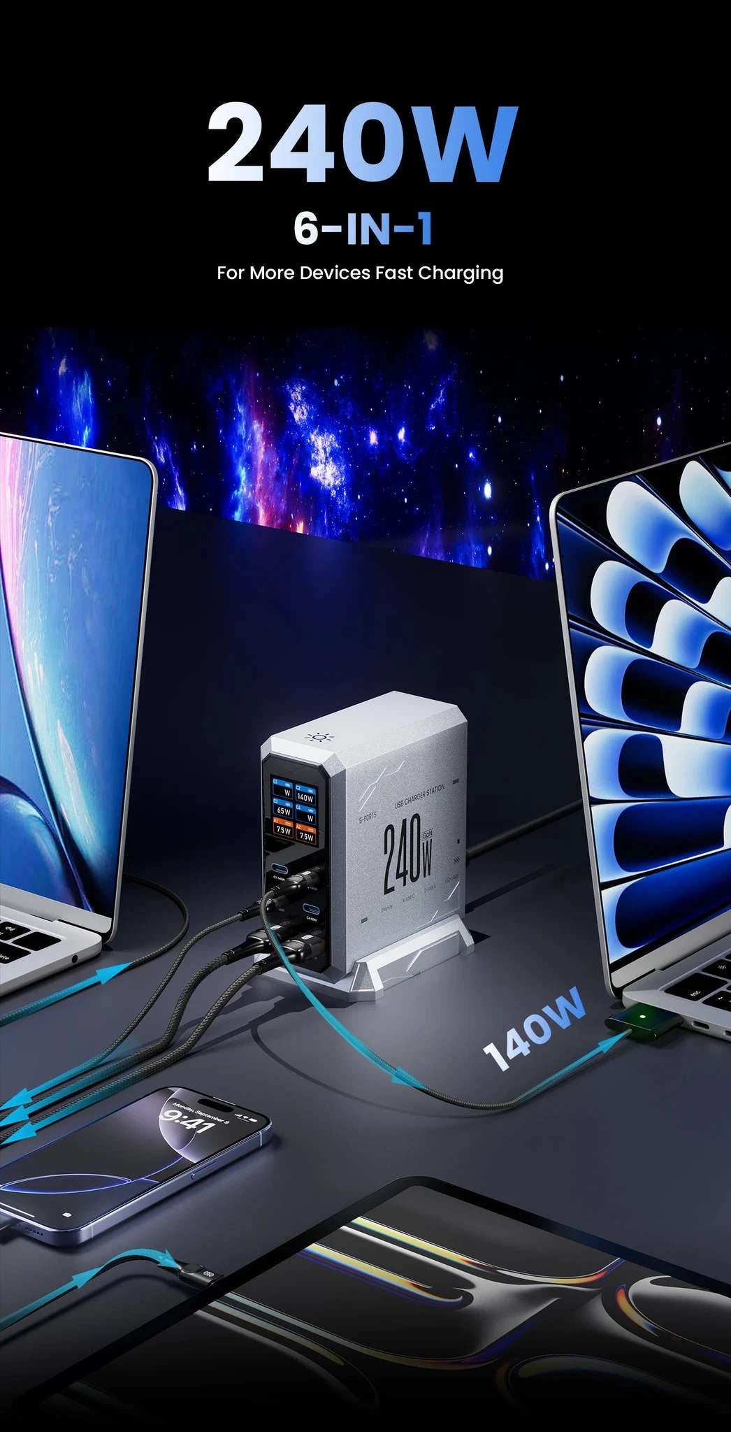 240W GaN Desktop Charger 6-Port USB-C PD3.1 Fast Charging Station-UK Plug