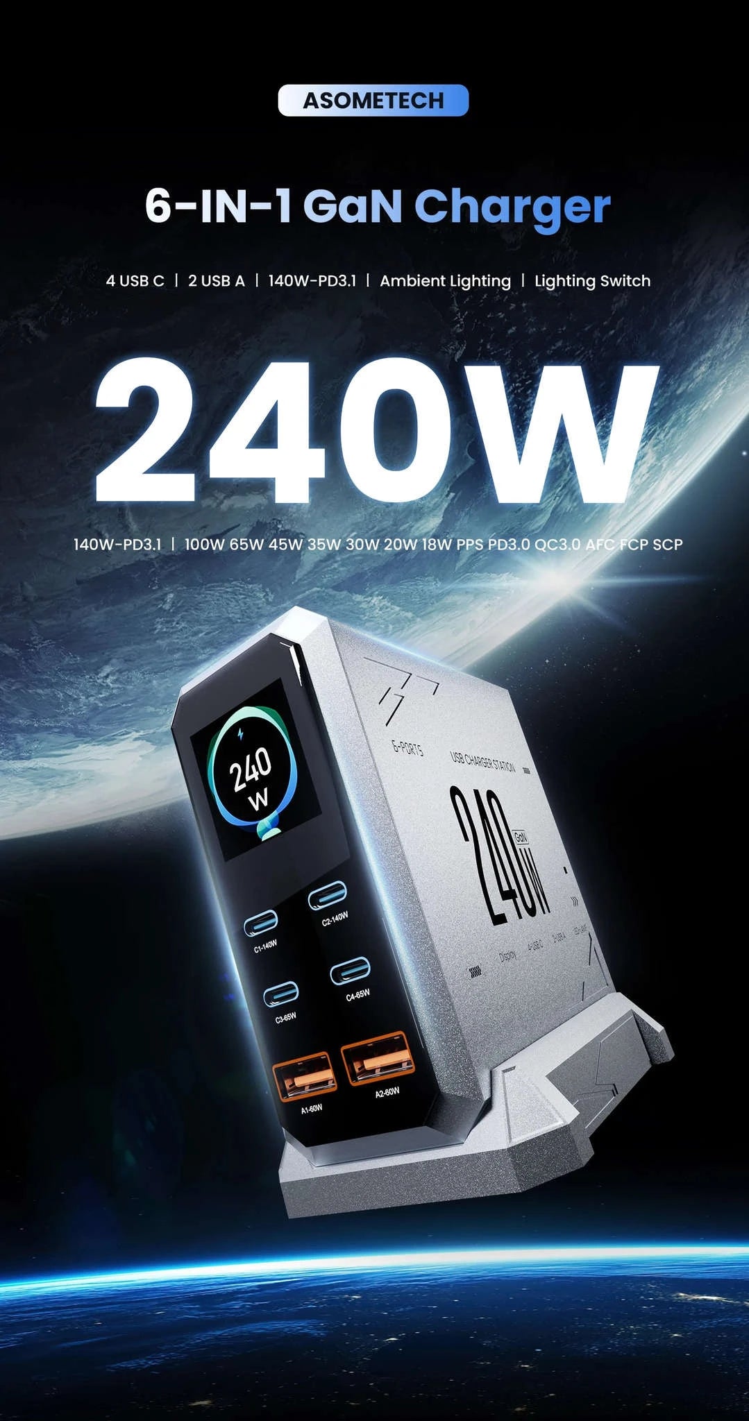 240W GaN Desktop Charger 6-Port USB-C PD3.1 Fast Charging Station-UK Plug