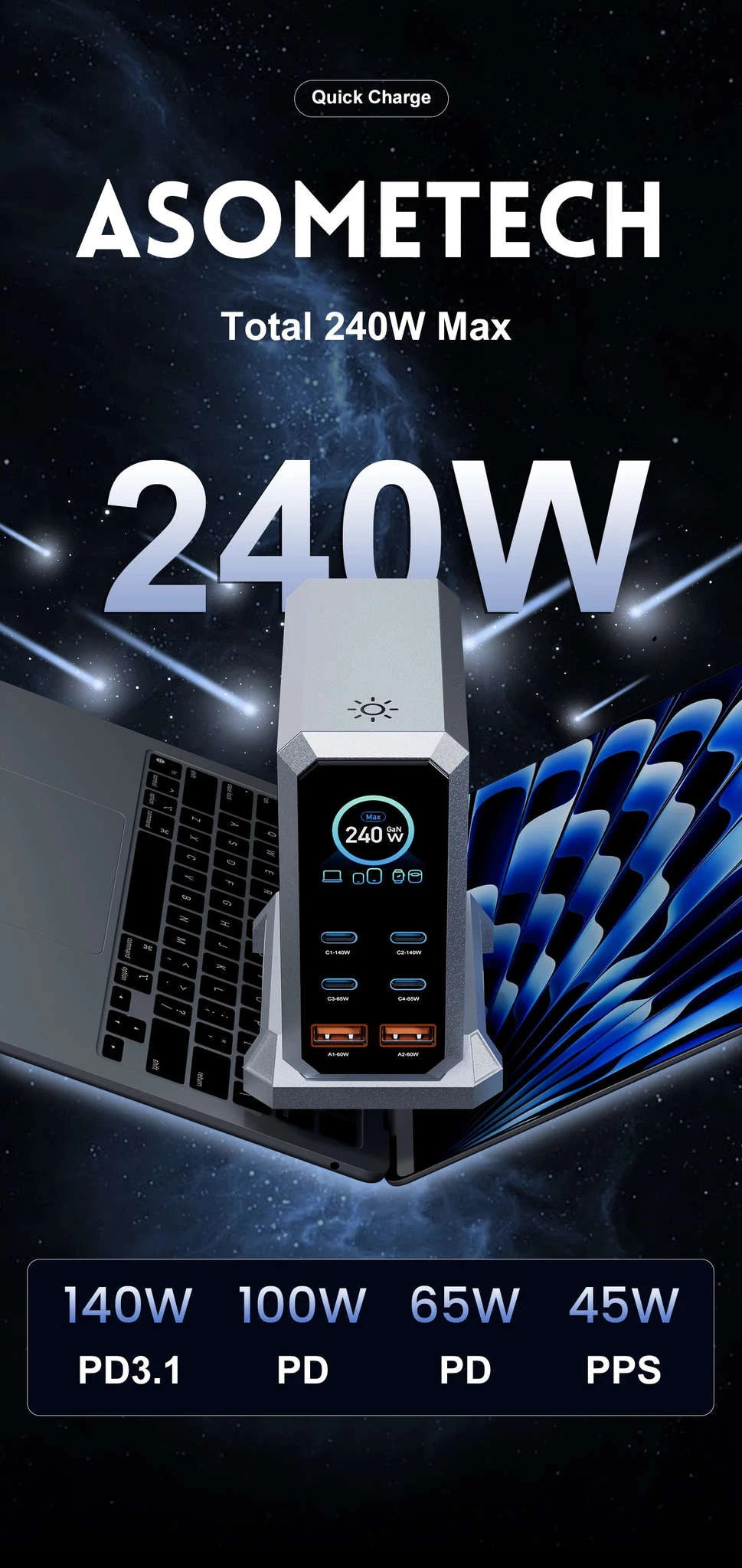 240W GaN Desktop Charger 6-Port USB-C PD3.1 Fast Charging Station-UK Plug