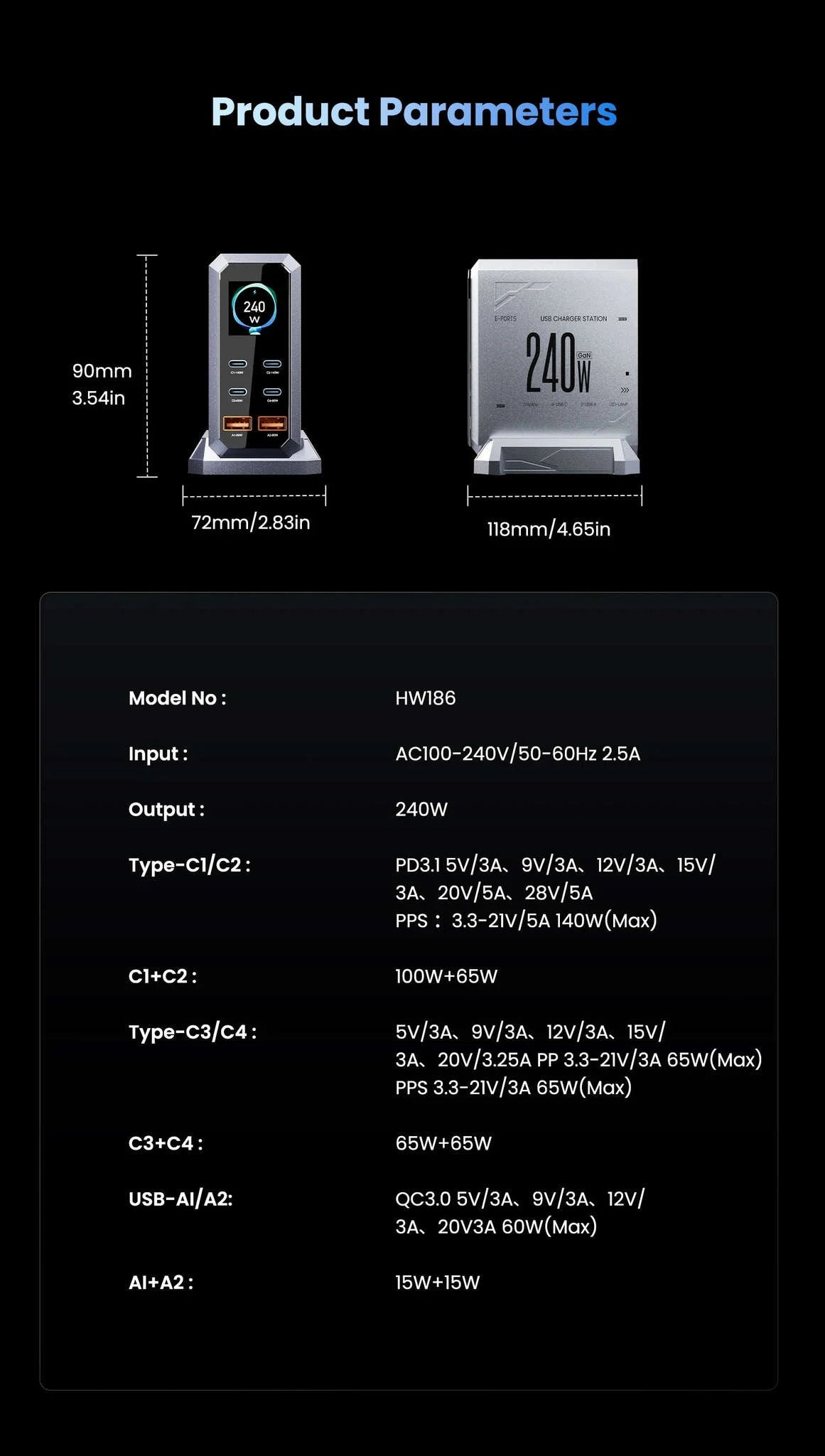 240W GaN Desktop Charger 6-Port USB-C PD3.1 Fast Charging Station-UK Plug