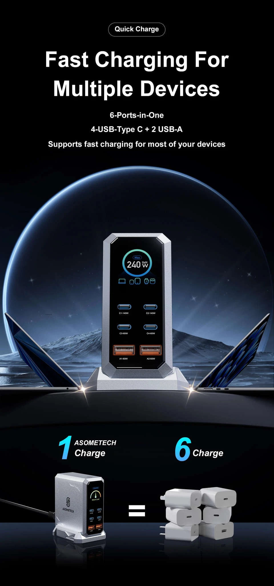 240W GaN Desktop Charger 6-Port USB-C PD3.1 Fast Charging Station-UK Plug