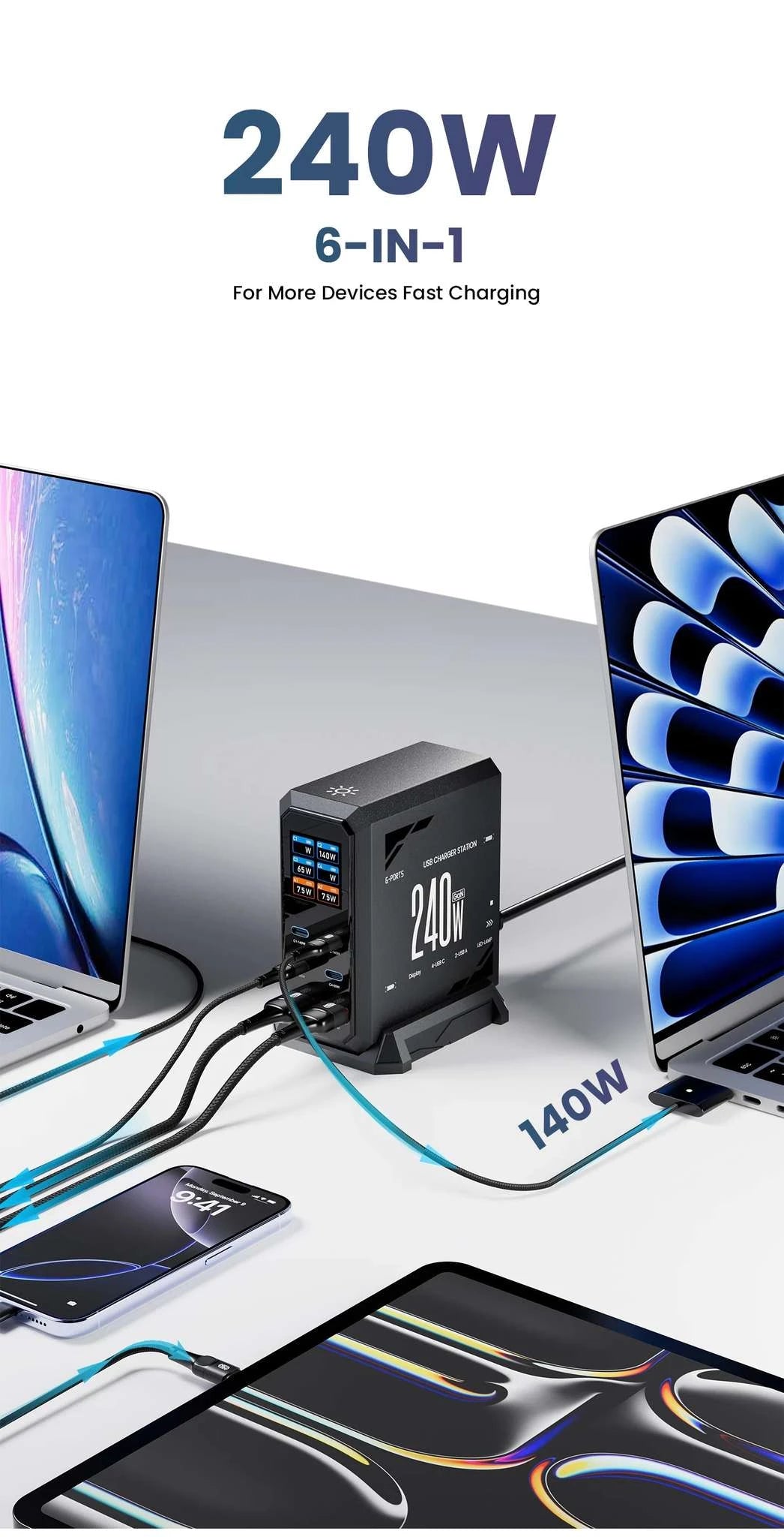 240W GaN Fast Charging Station 6-in-1 USB-C & USB-A Desktop Charger-US Plug / United States