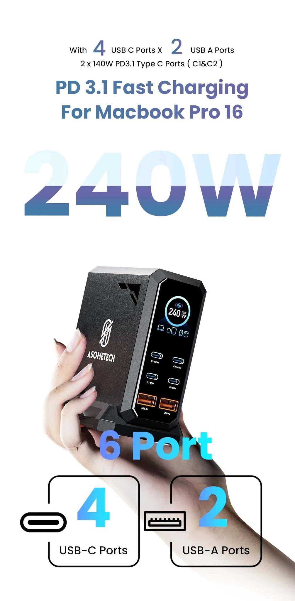 240W GaN Fast Charging Station 6-in-1 USB-C & USB-A Desktop Charger-US Plug / United States