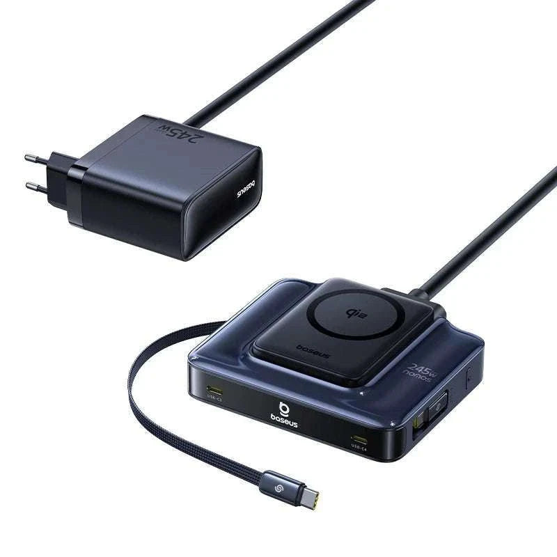 245W 6-in-1 Desktop Charger with Qi2 Wireless & 100W Retractable USB-C-EU Plug Black / China Mainland