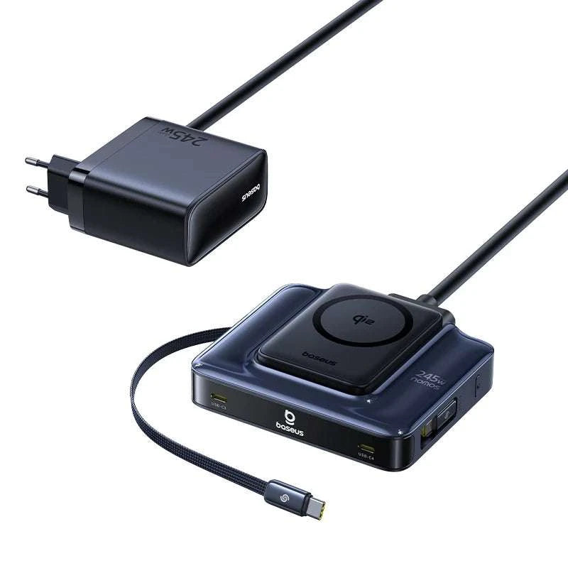 245W 6-in-1 Desktop Charger with Qi2 Wireless & 100W Retractable USB-C-EU Plug Black / China Mainland