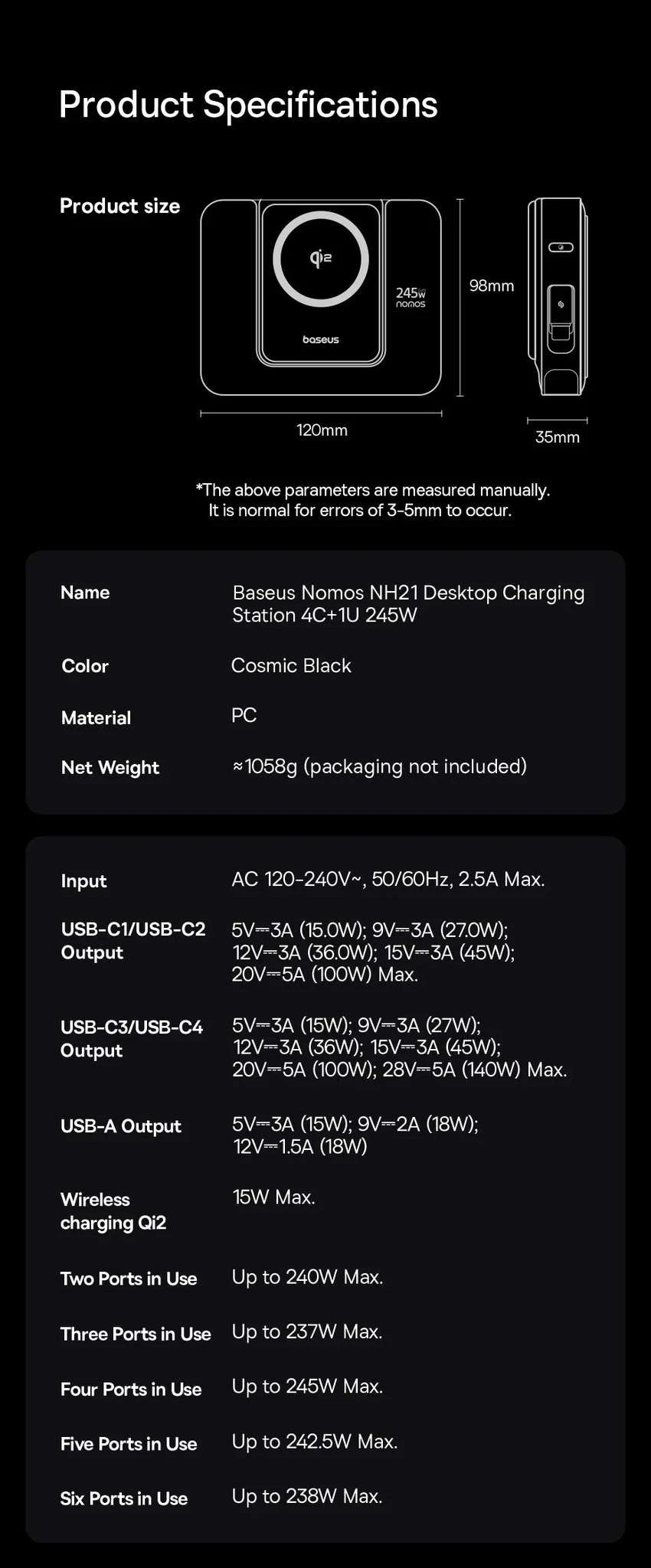 245W 6-in-1 Desktop Charger with Qi2 Wireless & 100W Retractable USB-C-EU Plug Black / China Mainland
