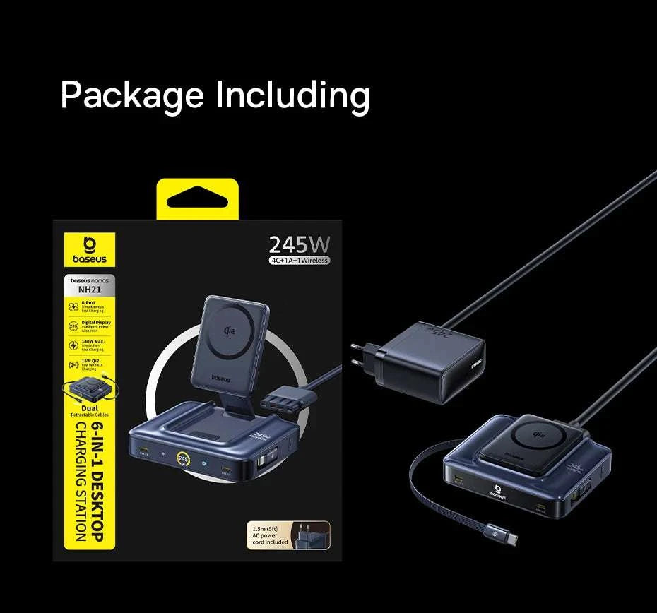 245W 6-in-1 Desktop Charger with Qi2 Wireless & 100W Retractable USB-C-EU Plug Black / China Mainland
