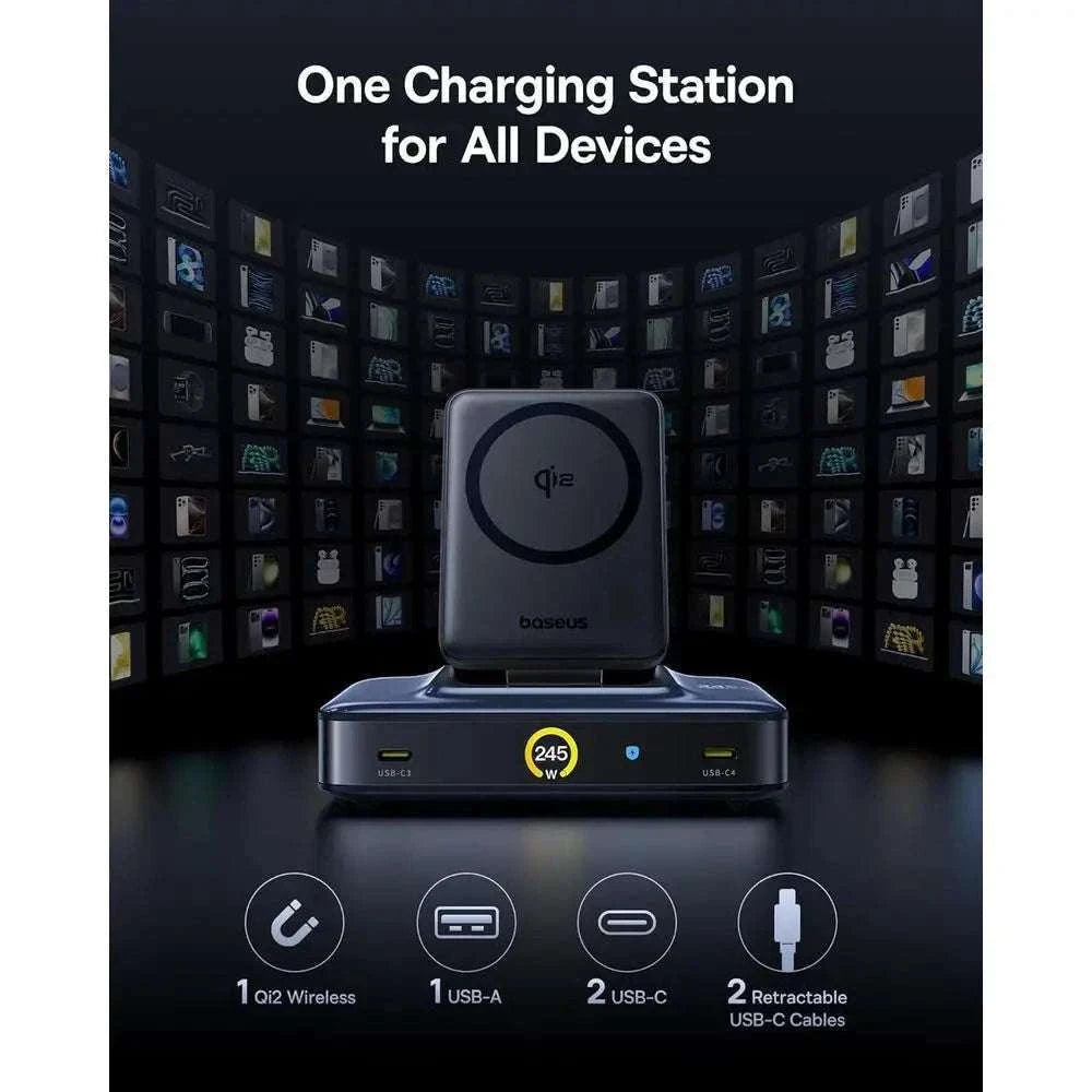 245W 6-in-1 USB-C Charging Station with Retractable Cables & Qi2-United States