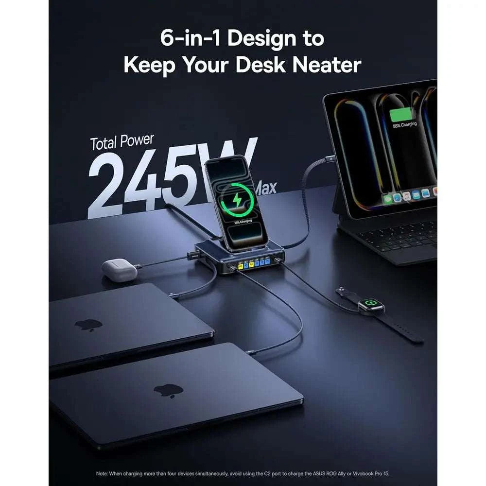 245W 6-in-1 USB-C Charging Station with Retractable Cables & Qi2-United States