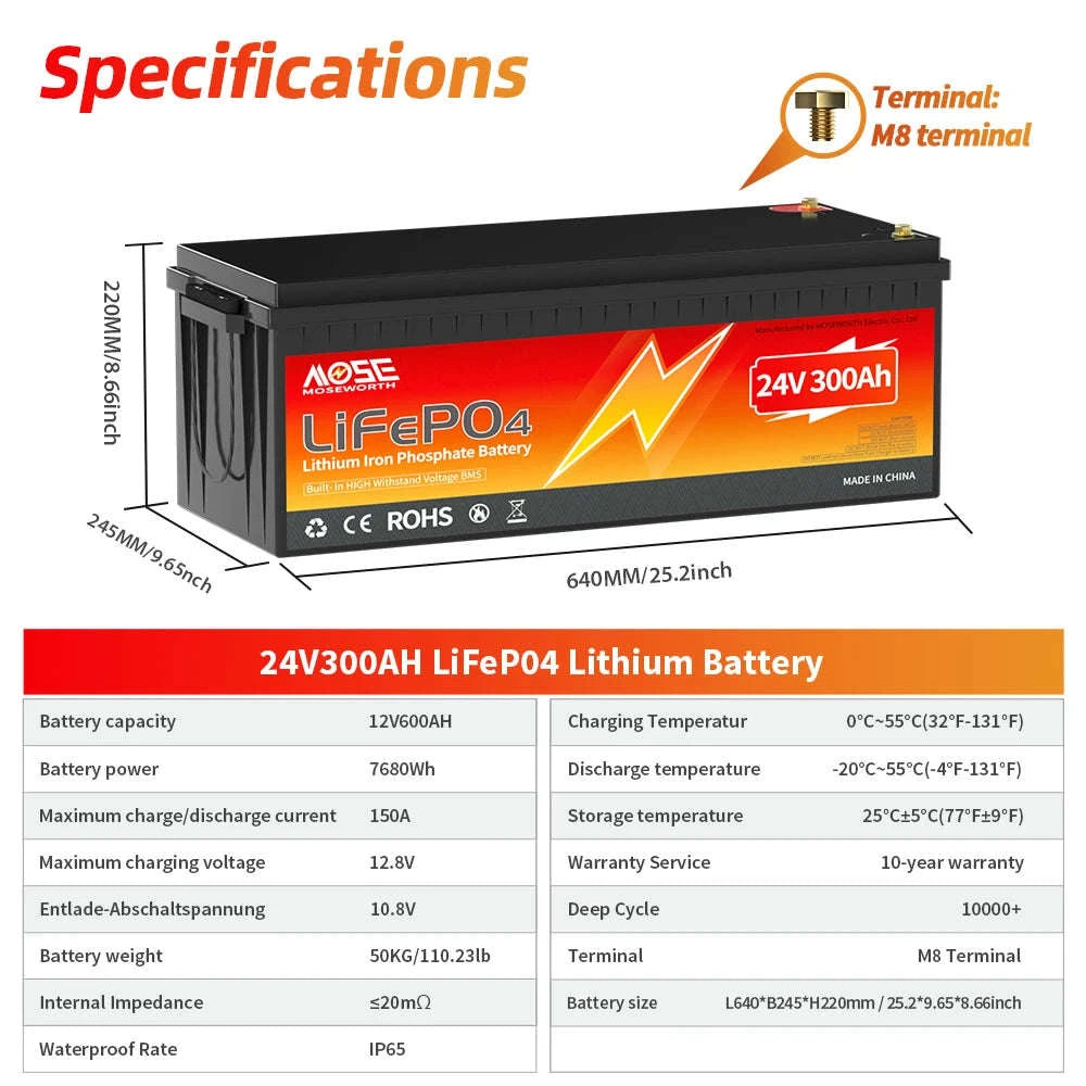 24V 300Ah LiFePO4 Battery 7680Wh with 200A BMS-24V 300Ah / Germany