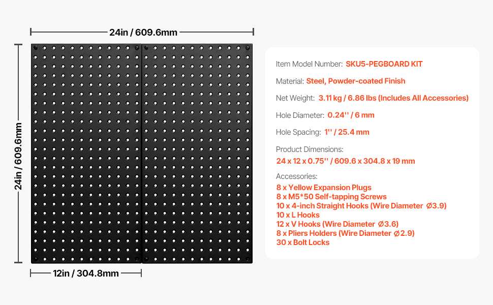 24x12 Metal Pegboard Wall Organizer Panels with Hooks Set-4pcs / United States