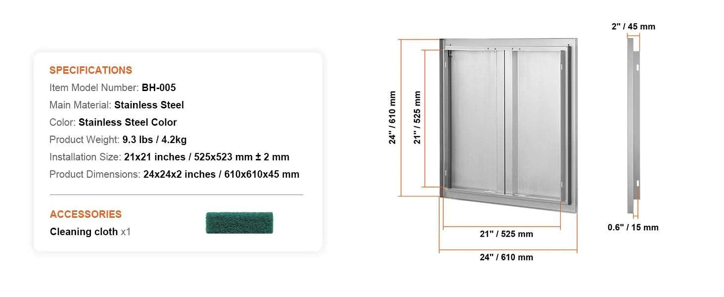 24x24 Inch Stainless Steel BBQ Access Door with Recessed Handles-71UB / United States