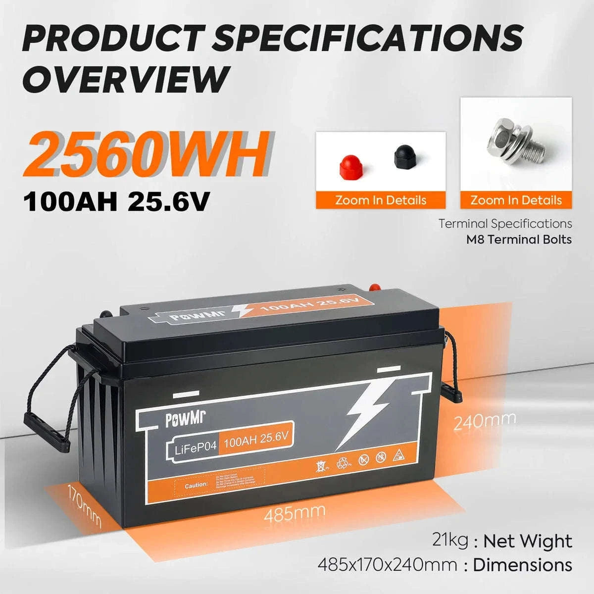 25.6V 100Ah LiFePO4 Deep Cycle Battery 2560Wh with Built-In BMS-100Ah 25.6V / Poland