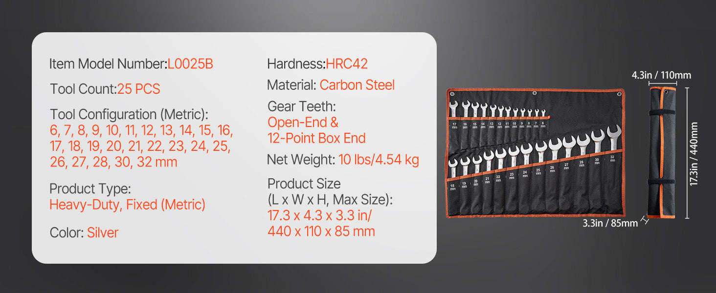 25-Piece Combination Wrench Set with Roll-Up Pouch, Metric 6 mm to 32 mm, Carbon Steel-25 PCS / United States